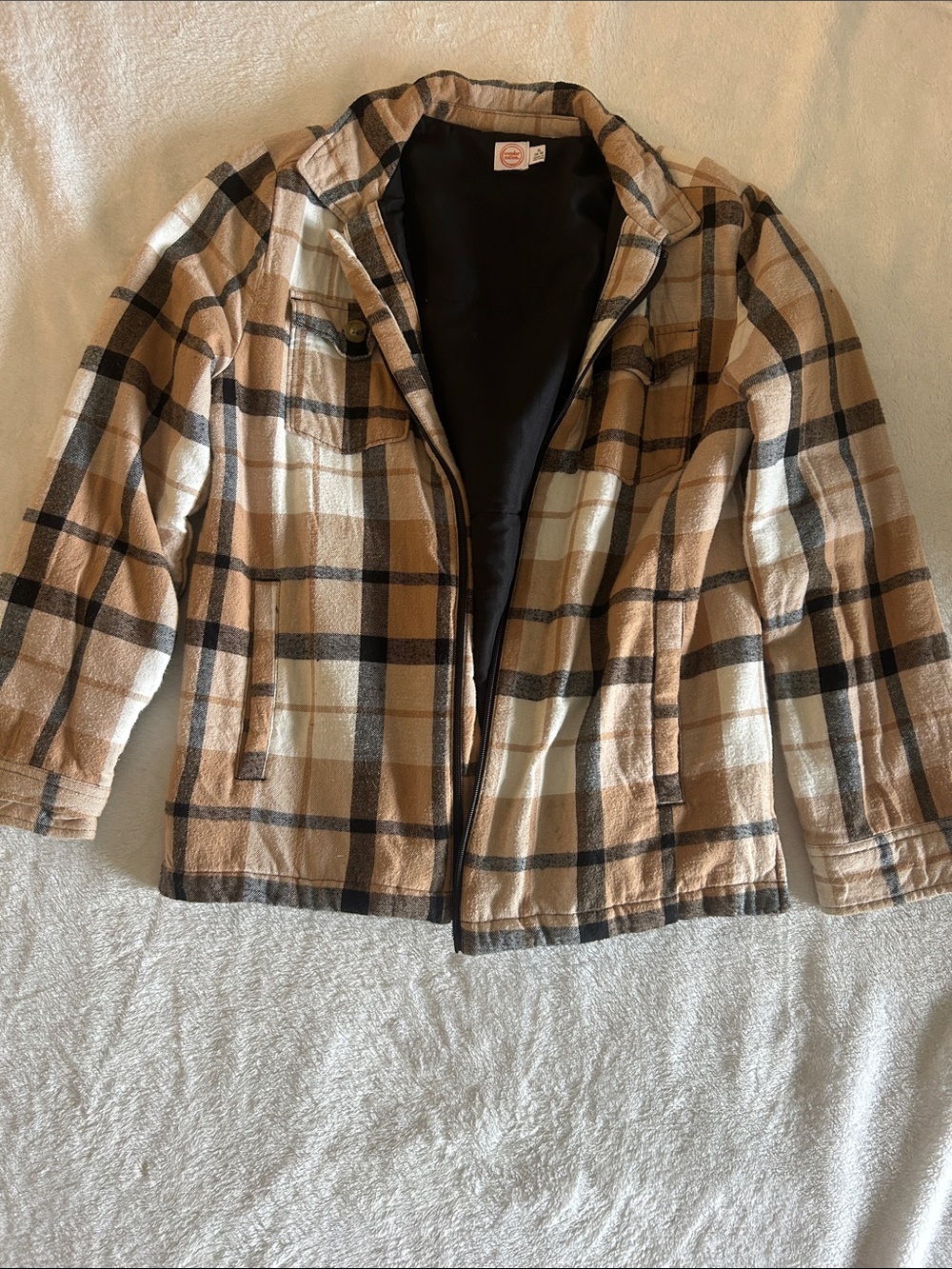 Plaid Zip-Front Jacket in Beige and Black